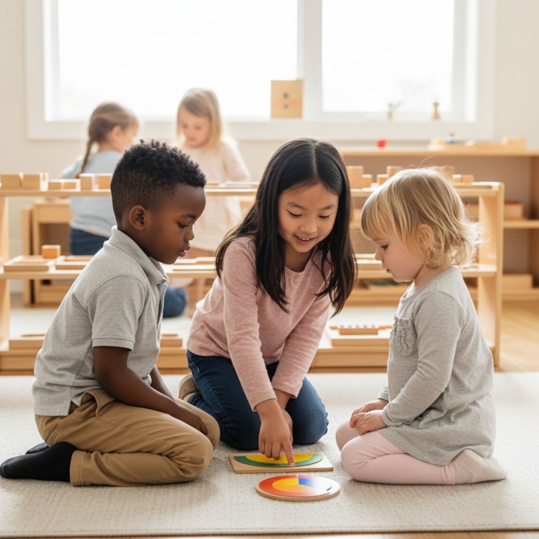 A female teacher gently observes a diverse young boy and girl focused on Montessori stacking materials at a table in a bright classroom, with other blurred children working in the background.
