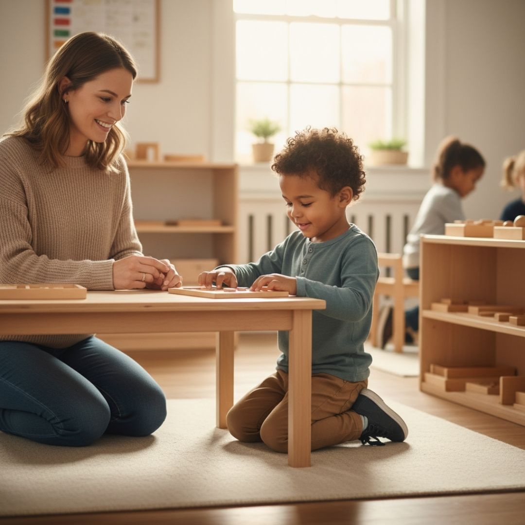 A smiling female teacher kneeling beside a young child who is comfortably focused on a Montessori learning activity at a small table in a bright classroom.