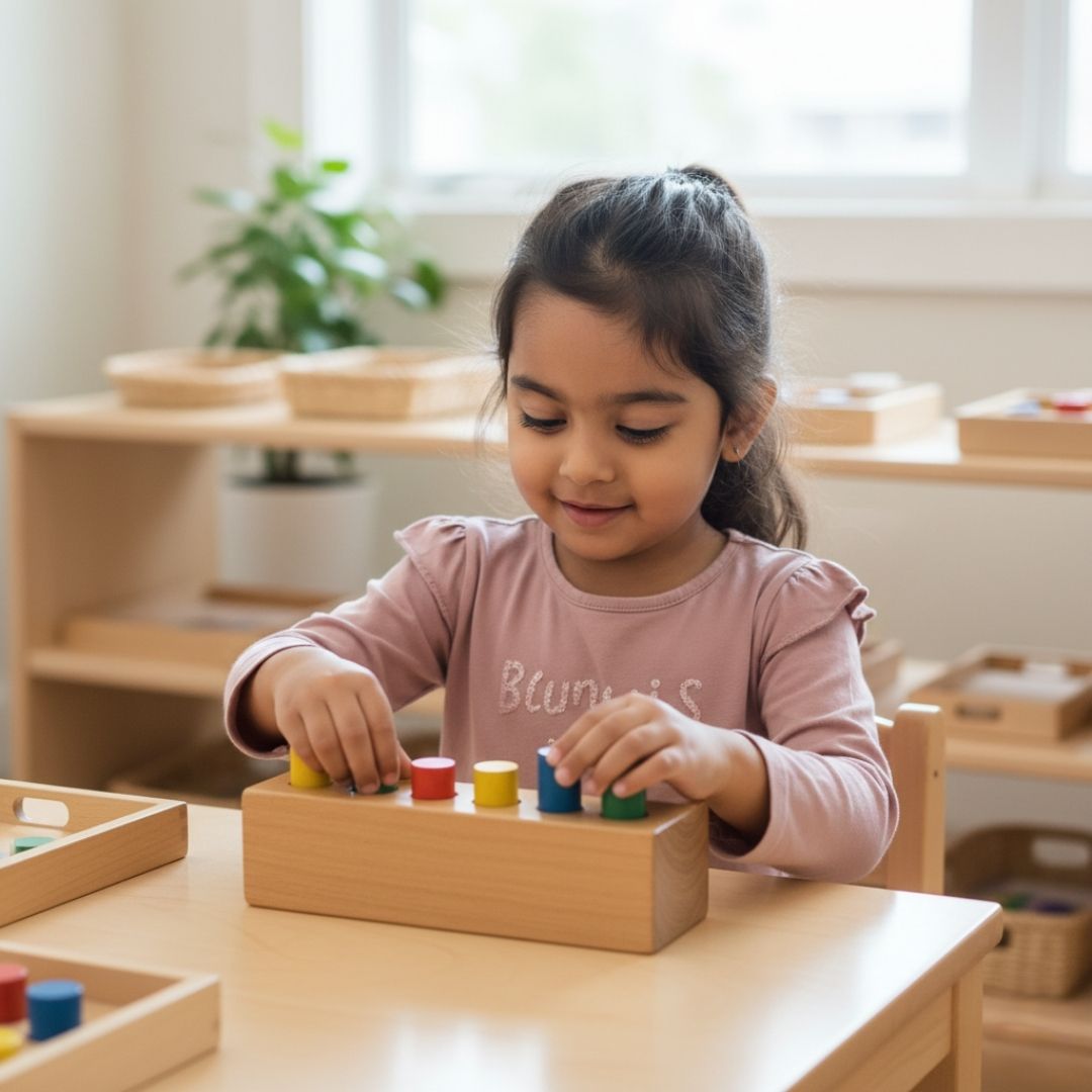 hree diverse children of different ages, including an older girl and boy, kneeling on a rug and collaboratively working with a colorful geometric Montessori puzzle.