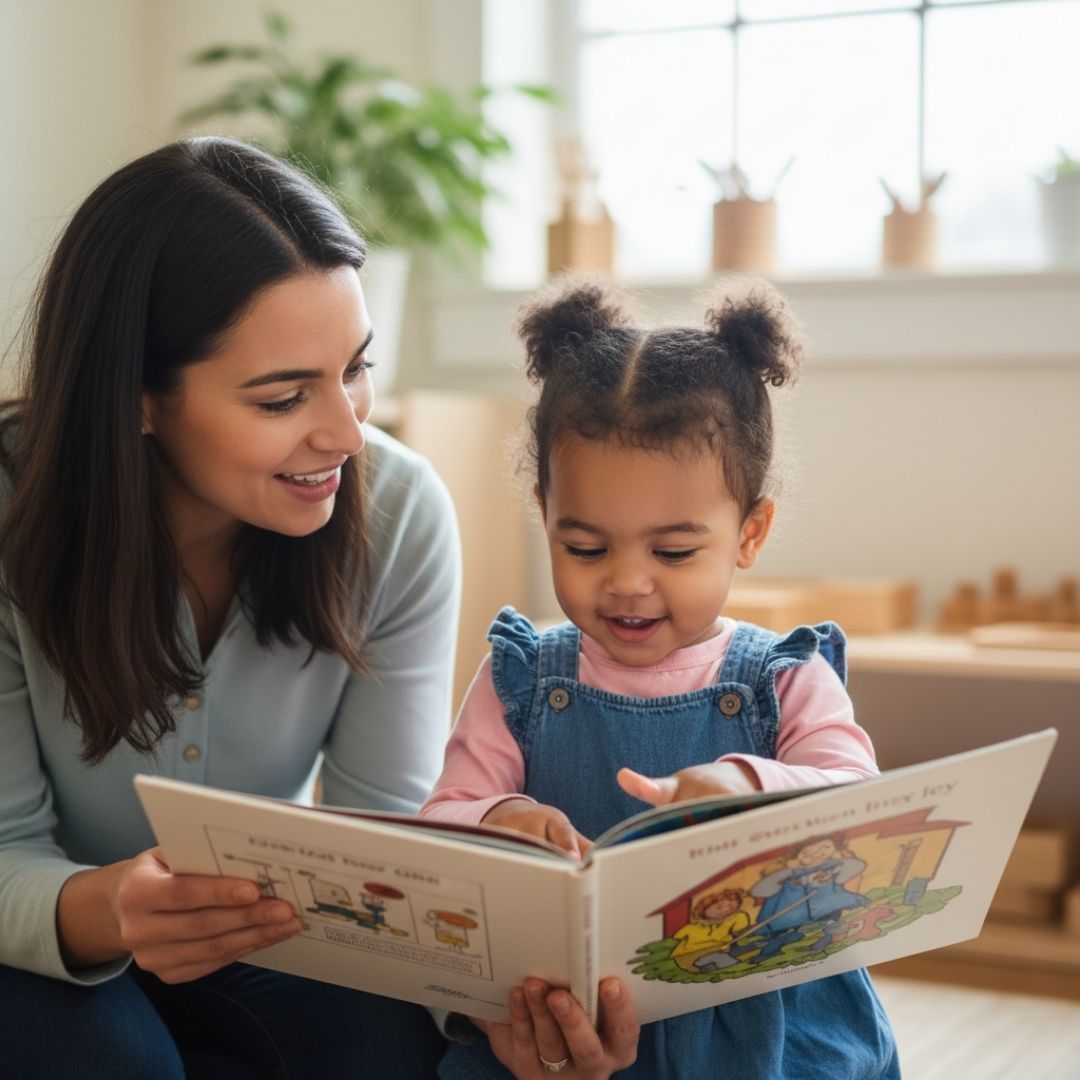 A close-up, warm interaction between a female educator and a child, where the educator is listening attentively to the child's story.